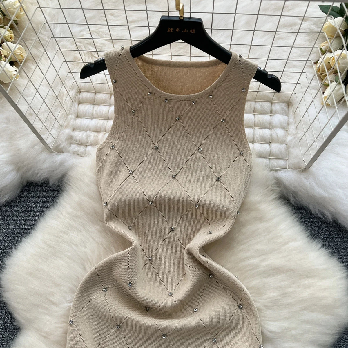 Beading Knitting Sheath Tank Dress Bodycon