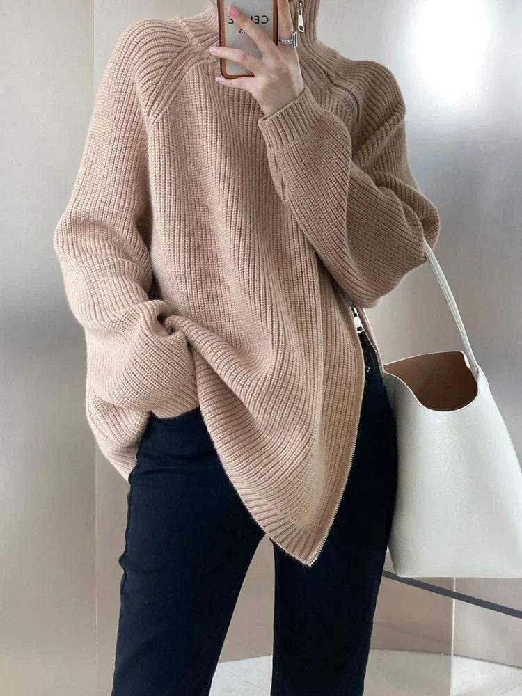 Oversized Turtleneck Zipper Sweater
