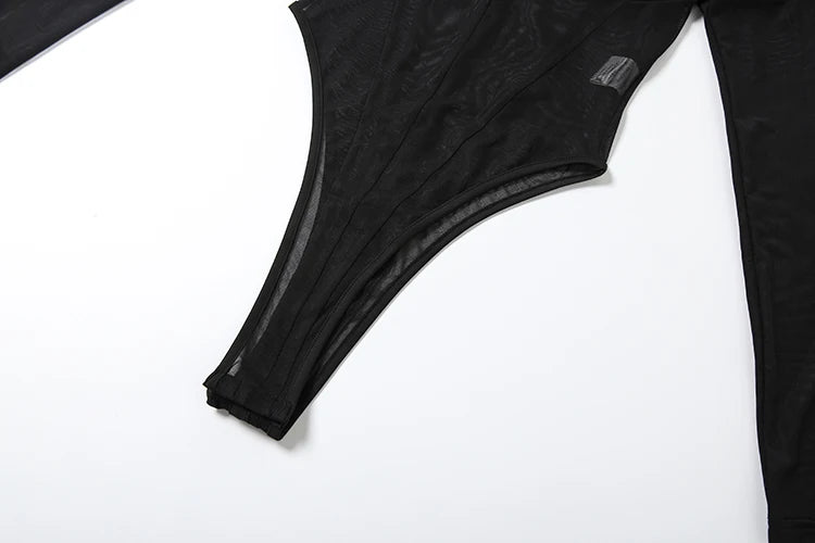 Mesh Patchwork Long Sleeve Sheer Bodysuit