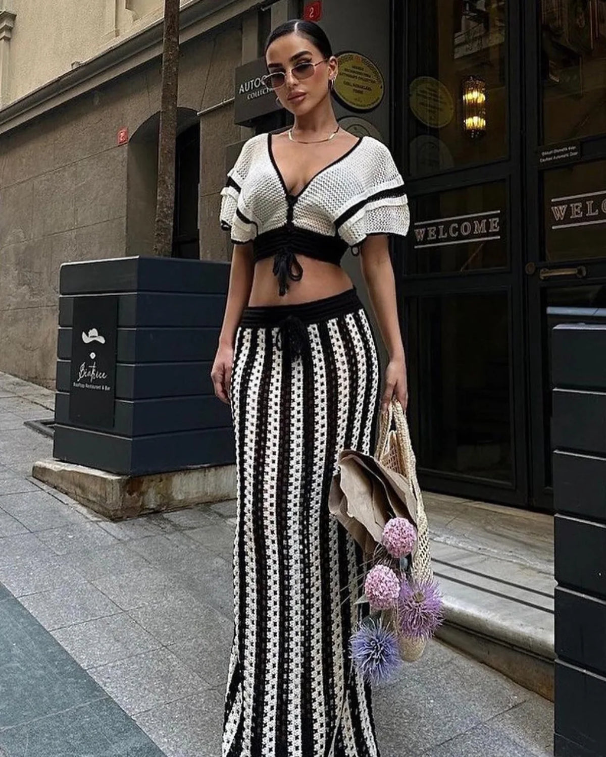 Knitted Hollow-Out Top & Skirt Set
