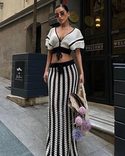 Knitted Hollow-Out Top & Skirt Set