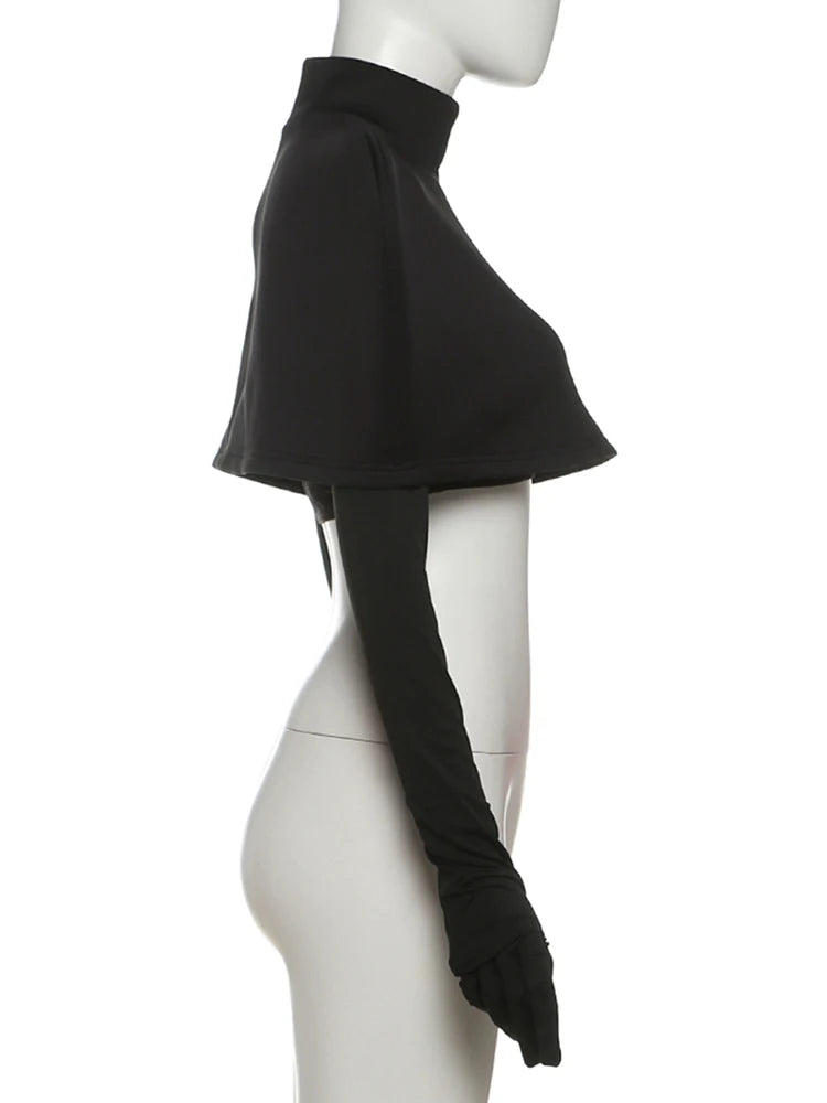 Weird Puss Chic Turtleneck T-Shirt 2-Piece Set Women Classic New Trend Long Gloves+Short Sleeve Crop Tees Fashion Streetwear