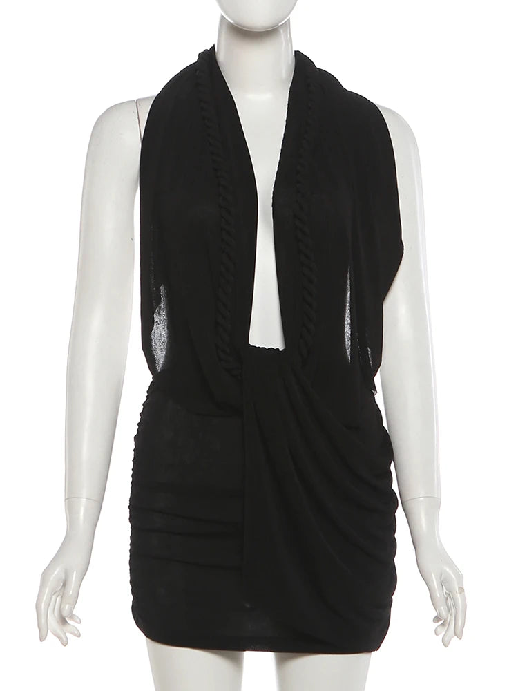 Nibber Backless Dress Woman Twist Bandage Halter Swing Collar Cleavage Sleeveless Midnight Club Party Sexy Fashion Mini Bodycon