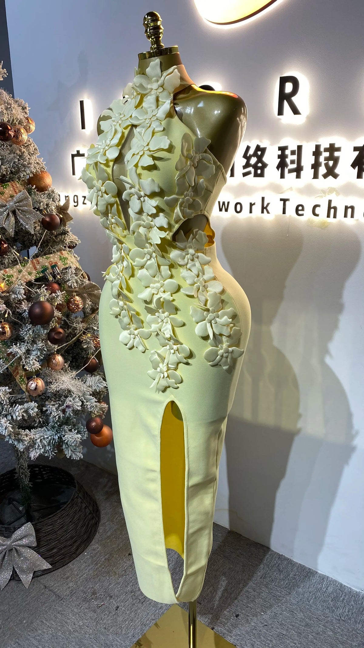 3D Floral High-Waist Slit Dress