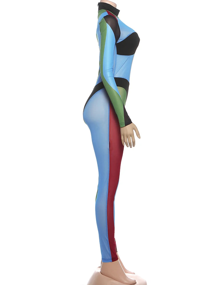 Nibber Colorful Print Jumpsuits Woman Turtleneck Full Sleeve Sexy See Through Skinny Peach Hip Hottie Street Fashion Overalls