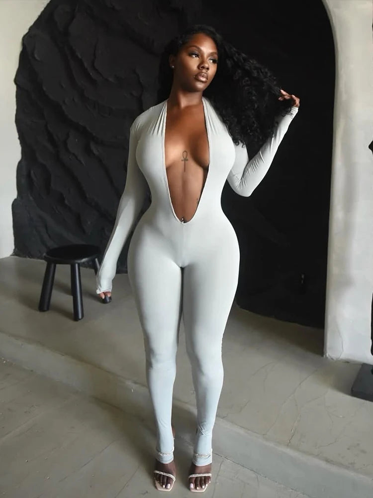 Weird Puss Backless Sexy Jumpsuit Women Basic Classics Deep V Neck Full Sleeve Backless Trend Midnight Clubwear Workout Overalls