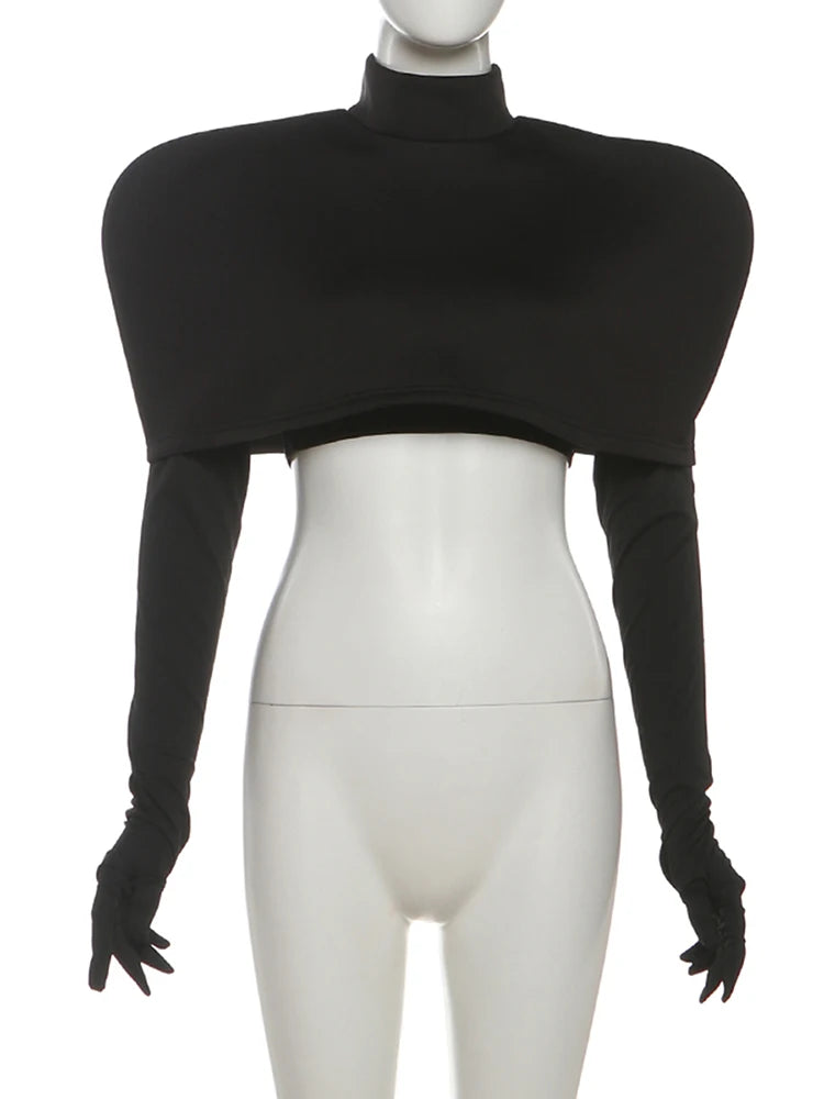 Weird Puss Chic Turtleneck T-Shirt 2-Piece Set Women Classic New Trend Long Gloves+Short Sleeve Crop Tees Fashion Streetwear