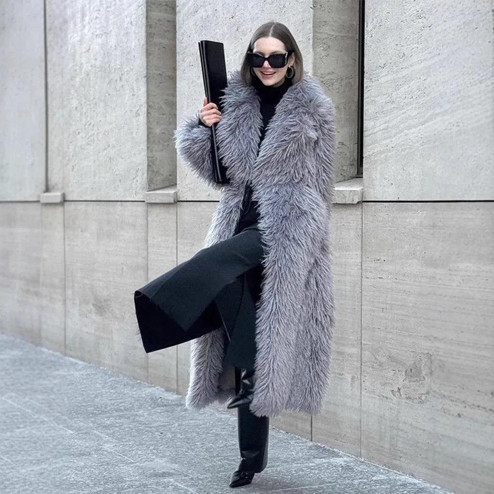 Faux Fur Long Coats Y2k Thick