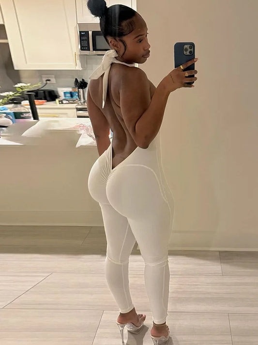 Sisterlinda Y2K Sexy Peach Buttocks Jumpsuit Women Backless Halter Sleeveless Fitness Skinny Stretch Streetwear Activity Outfits