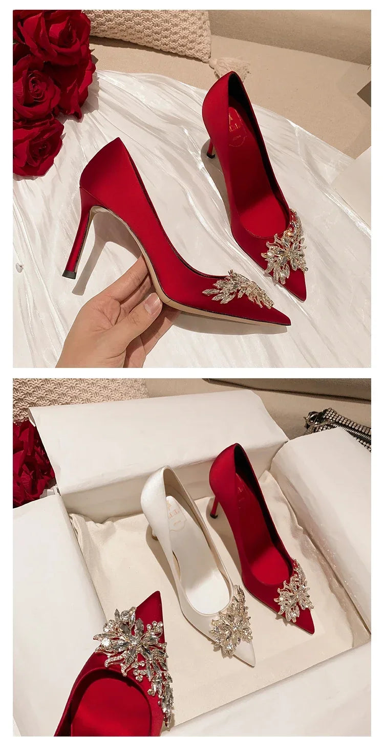 2024 Spring Summer Autumn New Wedding Shoes Red High Heels  Slim Heels Korean Version Pointed Toe Bride Shoes High Heels