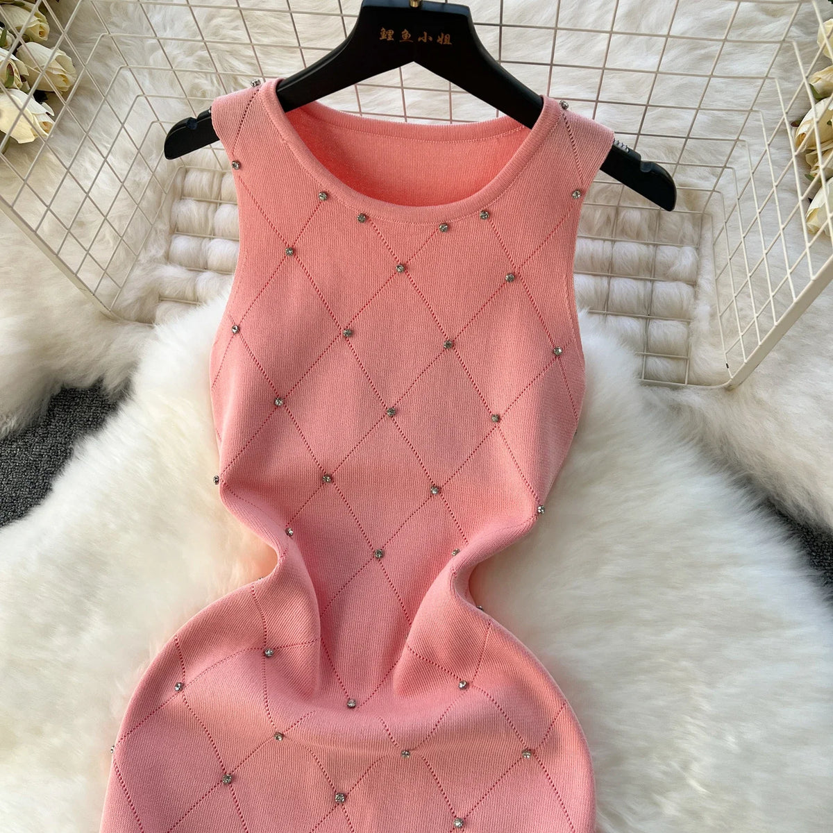 Beading Knitting Sheath Tank Dress Bodycon
