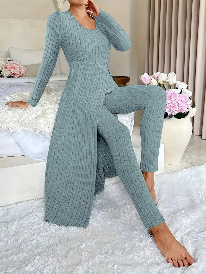 O-Neck Split Top & Slim Trousers Lounge Set