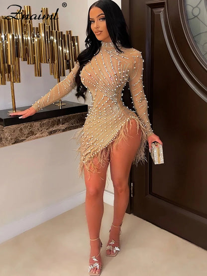 Feather & Rhinestone Mesh Party Dress
