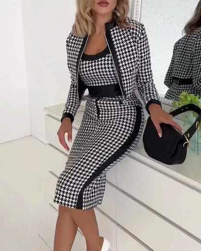 Houndstooth Print 3-Piece Skirt Set