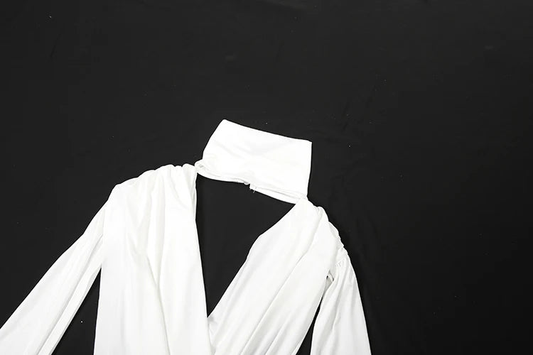 Weird Puss Sexy Halter Dress Women Ribbon Hollow Full Sleeve Cross Ruched Backless Stretch Skinny Midnight Party Club Bodycon