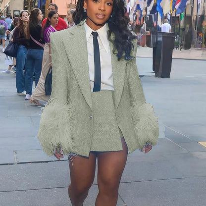 Feather-Cuff Tweed Blazer & Skirt Set