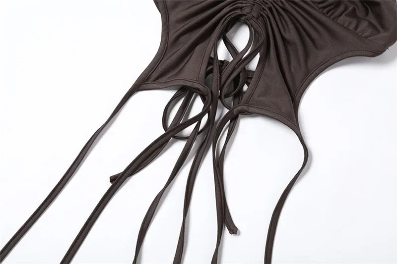 2025 New Dark Y2k Punk Drawstring Bandage Sexy Camis Techwear Backless Long Sleeve Crop Tops Women's Bodycon Summer Streetwear