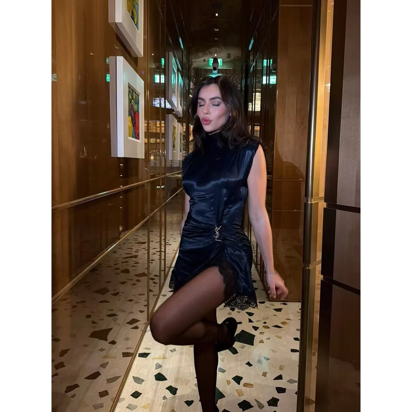 BSAY Satin dresses women's clothing fashion back zip hem lace patchwork slit sexy nightclub mini dress chic French Evening