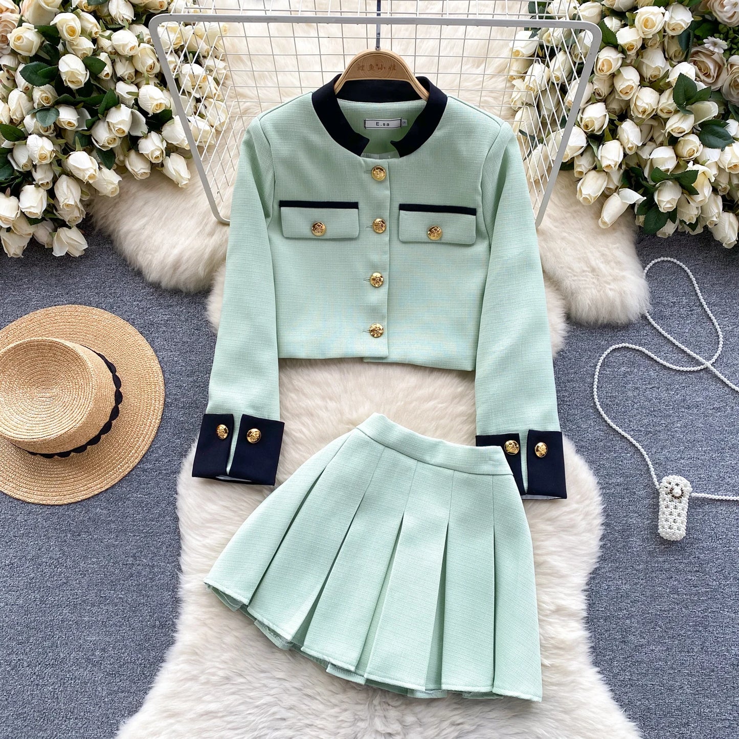 KUSAHIKI 2024 Spring Women's Color Block Short Cardigan Coat + High Waisted Pleated Half Skirt Two Piece Set
