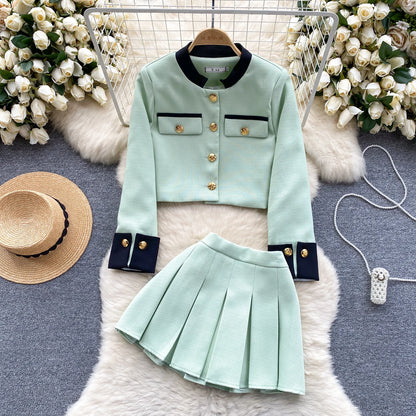 Color Block Cardigan & Pleated Skirt Set