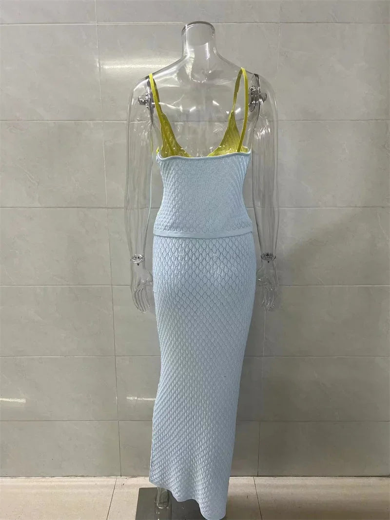 2PC Set Crop Top Camis High Waist Bustle Skirt Bottom Beach Knit Dress Sexy Halter Top Women Holiday Casual 2 Pieces Set  A3110