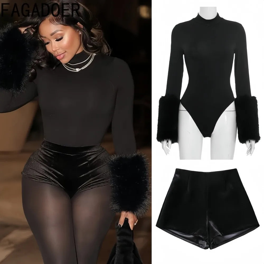 FAGADOER Winter New Sexy Fur Patchwork 2 Pieces Set for Woman Outfits Long Sleeves Bodycon Playsuits + Shorts Female Streetwear