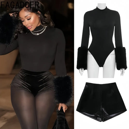 FAGADOER Winter New Sexy Fur Patchwork 2 Pieces Set for Woman Outfits Long Sleeves Bodycon Playsuits + Shorts Female Streetwear