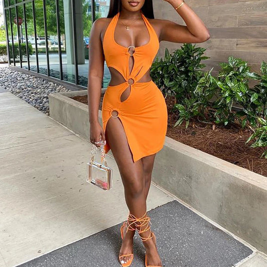 Summer Dresses Woman 2022 High Street Stretch Slim Hollow Sexy Mini Bodycon Dress Elegant Orange Sleeveless Club Party Sundress