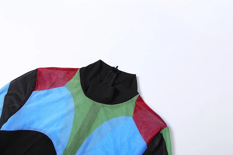 Nibber Colorful Print Jumpsuits Woman Turtleneck Full Sleeve Sexy See Through Skinny Peach Hip Hottie Street Fashion Overalls