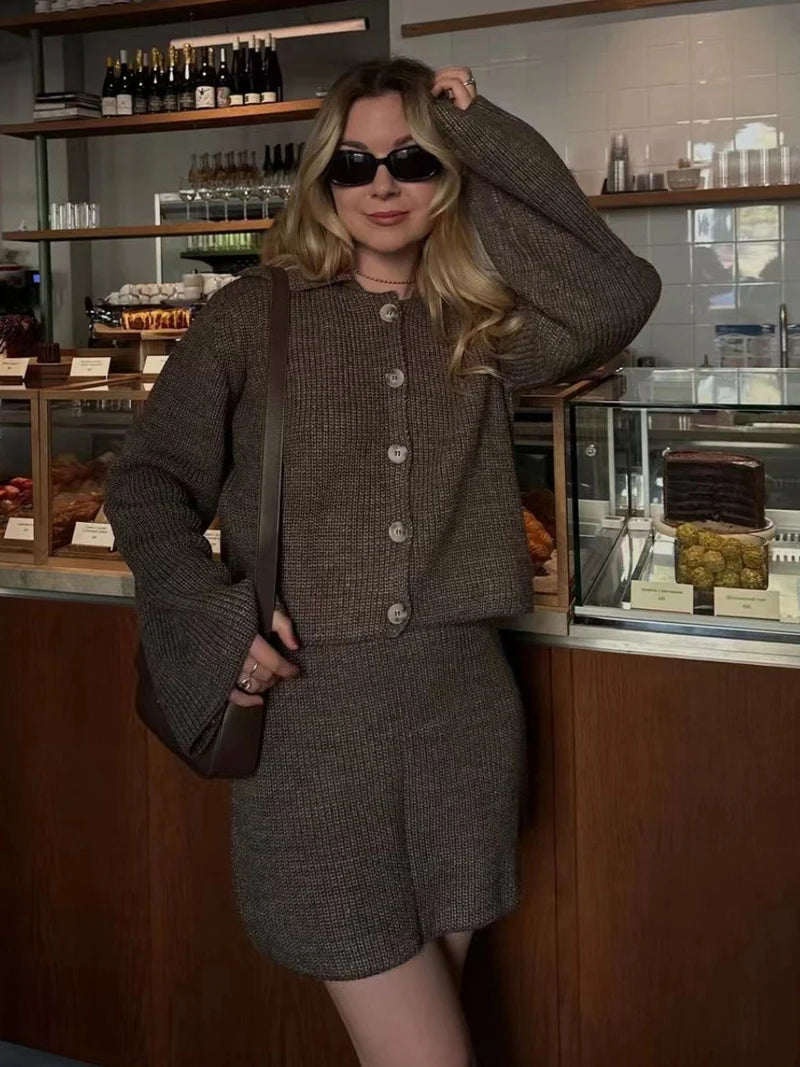 DGLUKE Burgundy Knitted Cardigan And Skirt Sets Women 2 Piece Outfit Fall Winter Sweater Matching Set Fashion Festival Outfits