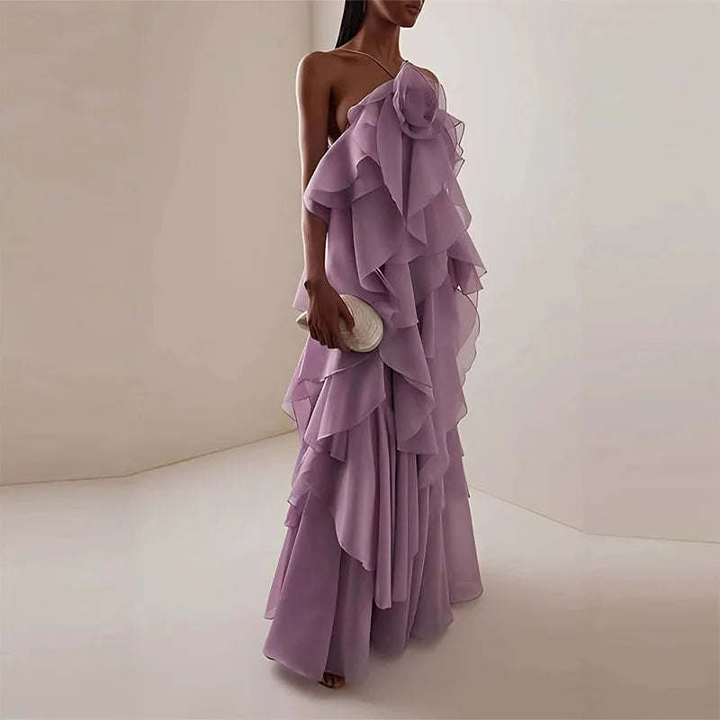 Halter Ruffle Edge Swing Maxi Dress