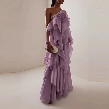 Halter Ruffle Edge Swing Maxi Dress