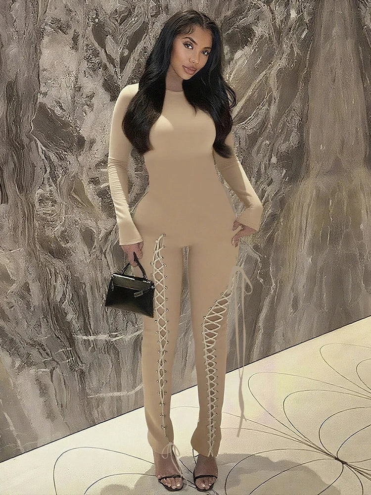 Weird Puss Sexy Fall Jumpsuits Women Diy Shirring o-Neck Full Sleeve Midnight Party Club Stretch Activity Fitness Slim Overalls