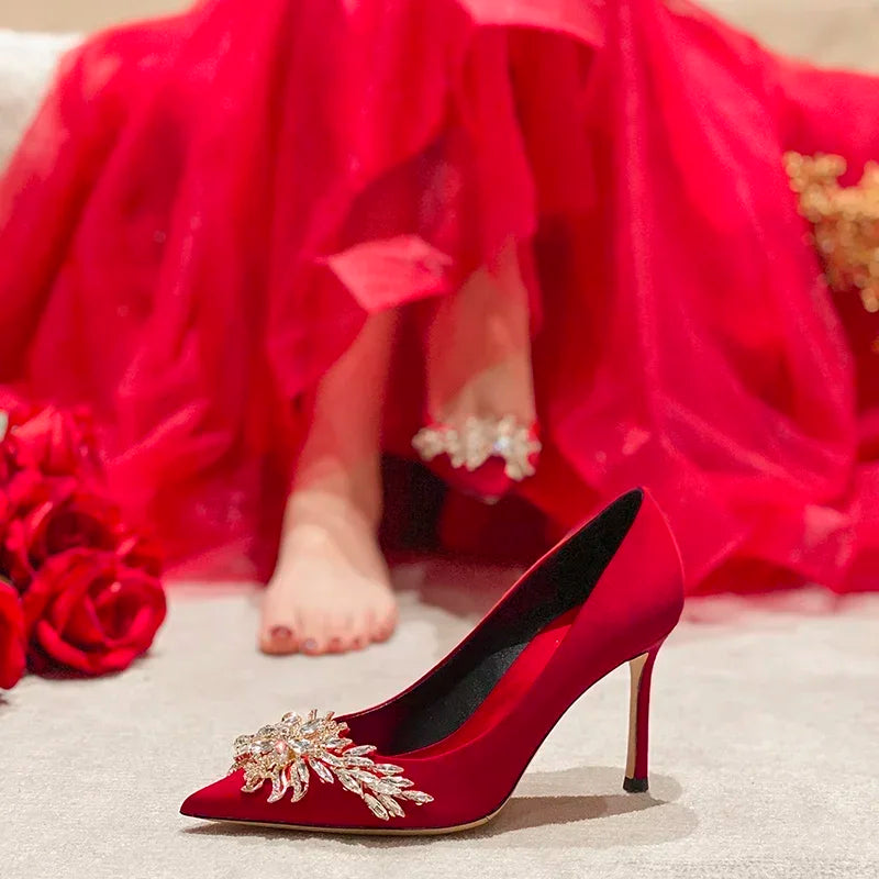 2024 Spring Summer Autumn New Wedding Shoes Red High Heels  Slim Heels Korean Version Pointed Toe Bride Shoes High Heels
