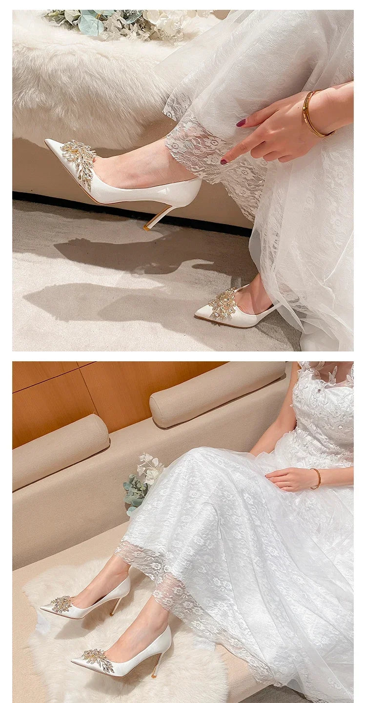 2024 Spring Summer Autumn New Wedding Shoes Red High Heels  Slim Heels Korean Version Pointed Toe Bride Shoes High Heels