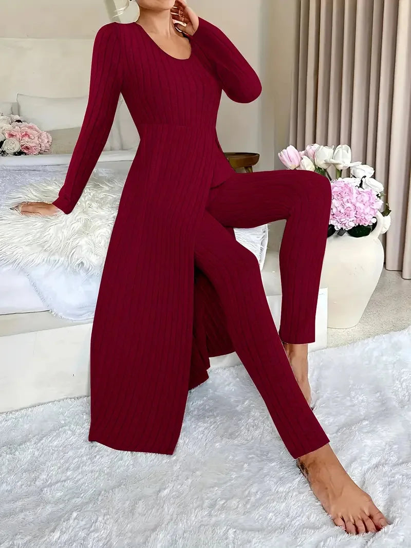 Solid Round Collar Slit Top and Trousers Set