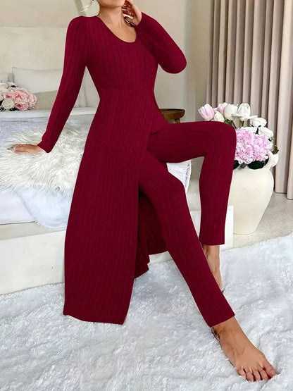 Solid Round Collar Slit Top and Trousers Set