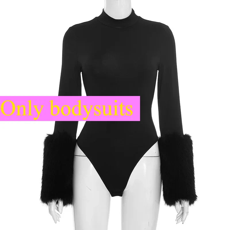 FAGADOER Winter New Sexy Fur Patchwork 2 Pieces Set for Woman Outfits Long Sleeves Bodycon Playsuits + Shorts Female Streetwear