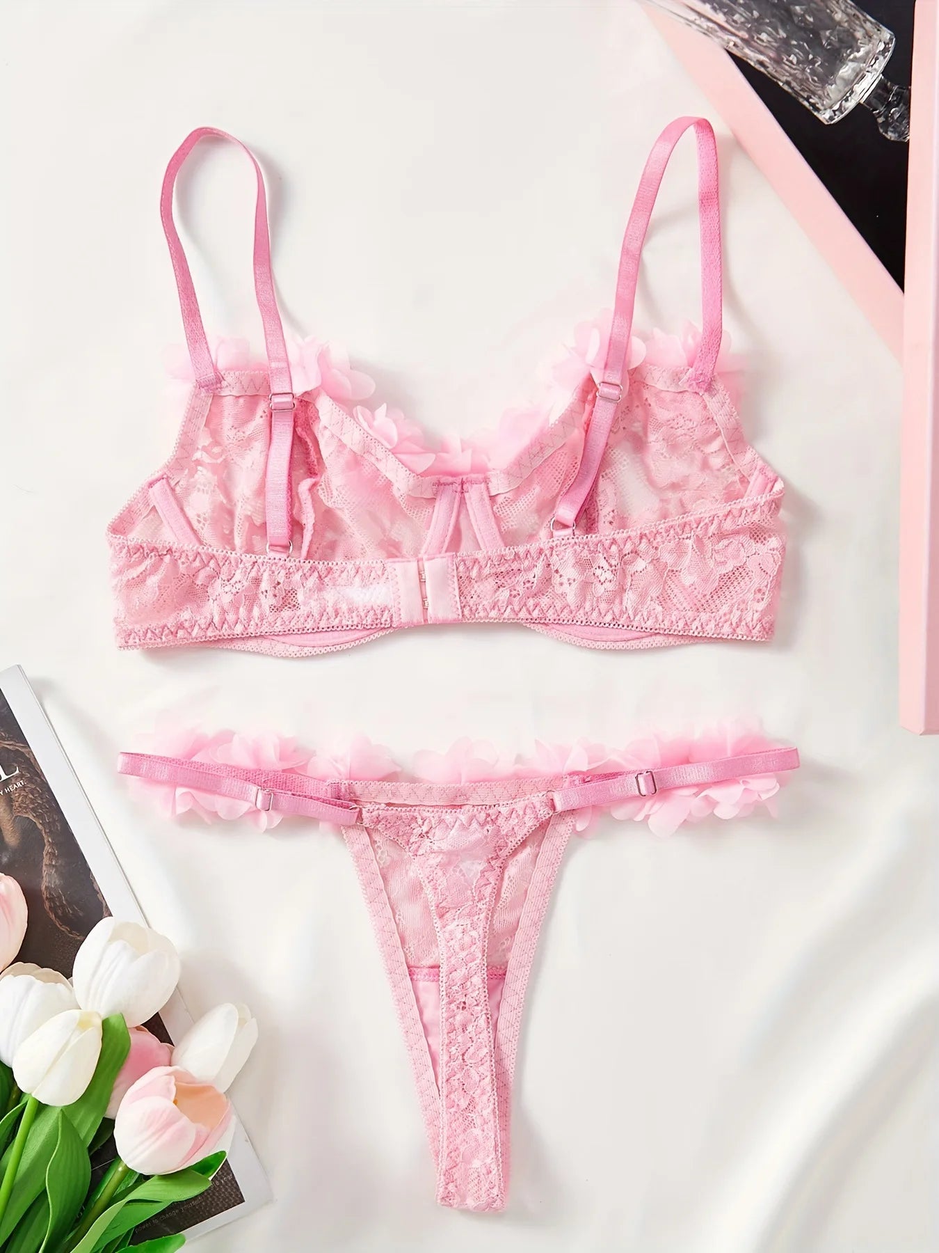 Lingerie Set 2PC Lace Bralette Garter Belt Thong Pure Sexy Underwear Women Sheer Floral Embroidery Bra Panty Set Pink Red Outfit