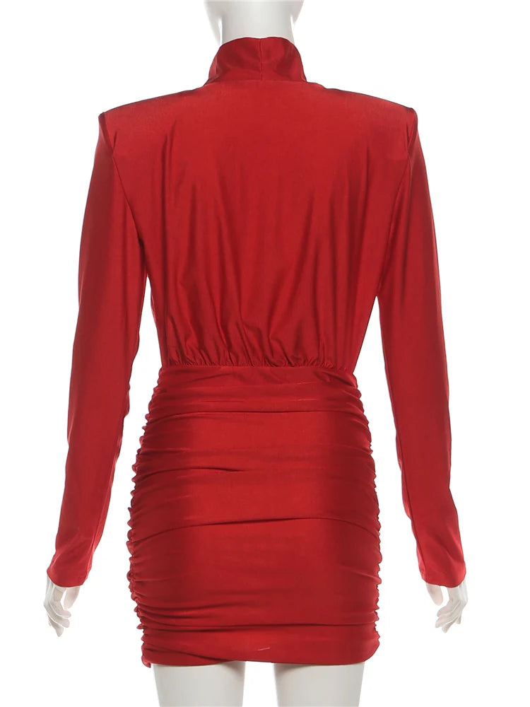 Nibber Classic Turtleneck Dress Women Shoulder Padded Ruched Sexy Office Commute Simple Peach Hip Skinny Elegant Mini Bodycon