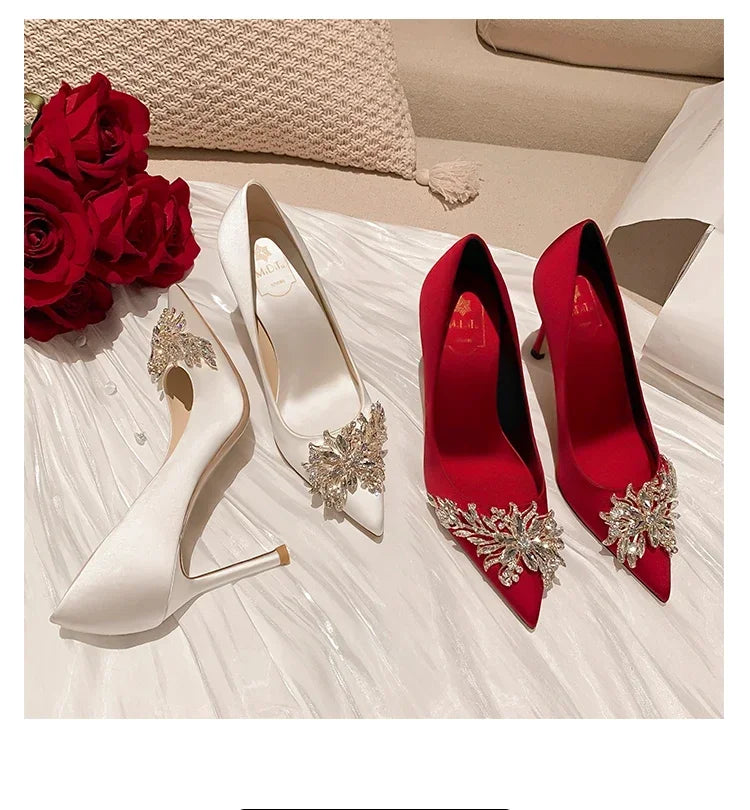2024 Spring Summer Autumn New Wedding Shoes Red High Heels  Slim Heels Korean Version Pointed Toe Bride Shoes High Heels
