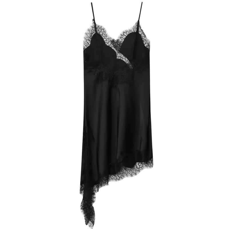 Black Satin Asymmetrical Lace Slip Dress