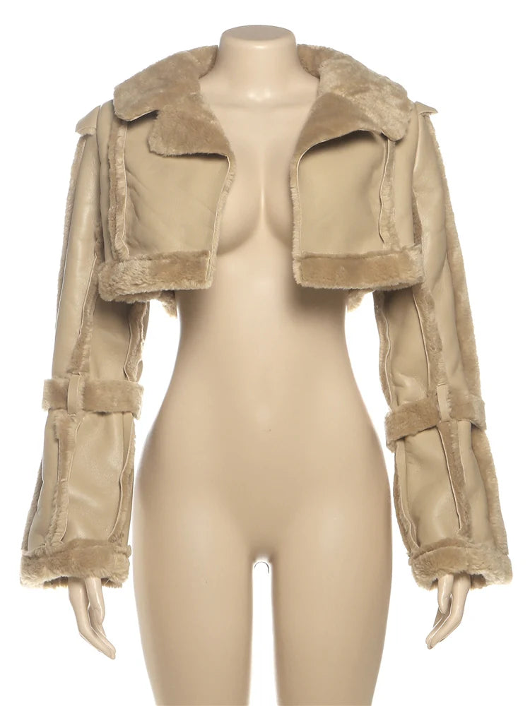 Weird Puss Furry Patchwork Women Crop Jacket Hipster Full Sleeve Open Stitch Hipster Streetwear Warm Outwear Basic Wild Coat