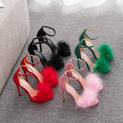 Crystal Queen Sandals Fluffy Peep Toe