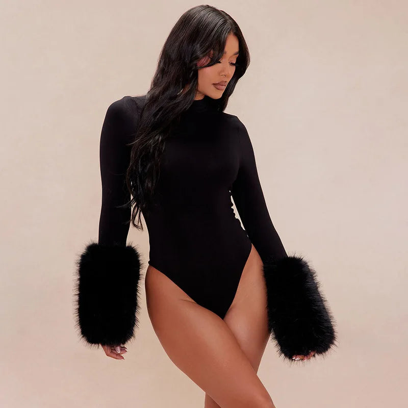 FAGADOER Winter New Sexy Fur Patchwork 2 Pieces Set for Woman Outfits Long Sleeves Bodycon Playsuits + Shorts Female Streetwear