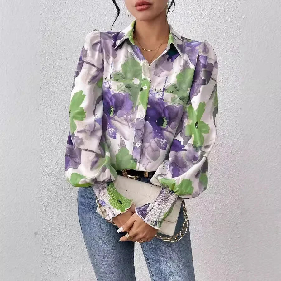 Inked Flower Printed Loose Puff Sleeve