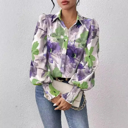 Inked Flower Printed Loose Puff Sleeve