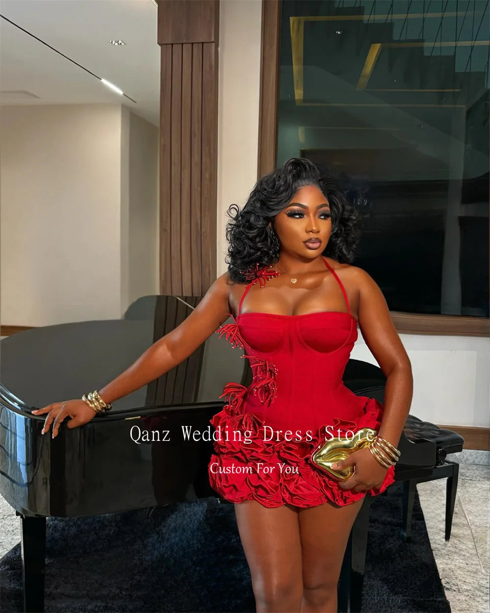 Halter Ruffled Satin Mini Dress