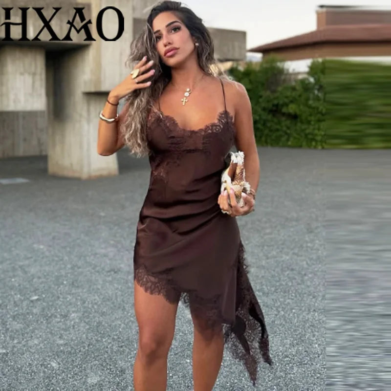 Black Satin Asymmetrical Lace Slip Dress