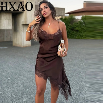 Black Satin Asymmetrical Lace Slip Dress
